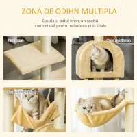 Stalp de zgariat pentru Pisici cu mai multe niveluri PawHut cu Hamac si Casuta, Franghii din Sisal Natural, 55 × 30 × 100 cm(m-6)