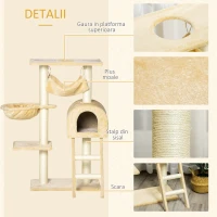 Stalp de zgariat pentru Pisici cu mai multe niveluri PawHut cu Hamac si Casuta, Franghii din Sisal Natural, 55 × 30 × 100 cm(m-7)