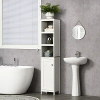 kleankin Tall Bathroom Storage Cabinet, Freestanding Tower Cabinet with 3 Open Shelves and Adjustable Shelf, Antique White(m-10)