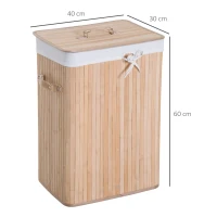 HOMCOM Cos de rufe din bambus cu capac si geanta detasabila din material, 40x30x60cm, natural(m-3)