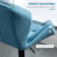 HOMCOM Bar Stools Set Of 2, Luxurious Velvet-Touch Barstools with Metal Frame Footrest Round Base Triangle Indenting Moulded Seat Adjustable Height Swivel Blue(m-5)