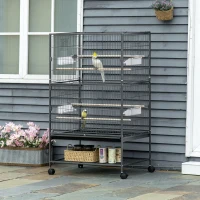 PawHut Large Bird Cage Budgie Cage for Finch Canaries Parakeet with Rolling Stand, Slide-out Tray, Storage Shelf, Food Containers, Dark Grey(m-2)