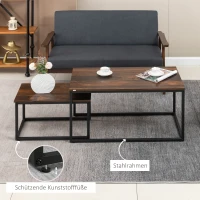 HOMCOM 2er-Set Couchtische im Industriedesign, stapelbar, 90 cm x 48 cm x 49 cm, Schwarz + Braun(m-6)