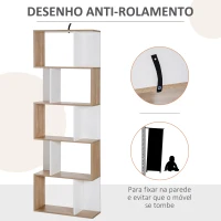 HOMCOM Estante para Livros Estante Alta de Parede com 5 Níveis em Forma de S Desenho Moderno 60x24x184,5cm Branco e Madeira(m-6)