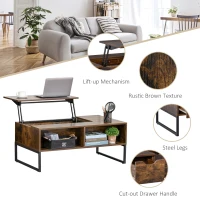 HOMCOM Lift Top Coffee Table, Industrial Coffee Table with Hidden Storage, Drawer and 2 Compartments, Extendable Living Room Table with Metal Frame, Rustic Brown(m-6)