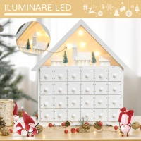 HOMCOM Calendar de Advent din Lemn 24 de Sertare Satul de Craciun cu Brazi si Lumini(m-4)