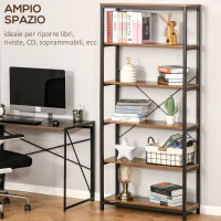 HOMCOM Libreria Verticale in Stile Industriale Vintage, Scaffale Salvaspazio con 6 Mensole in Legno e Metallo Nero, 80x30x180cm(m-4)