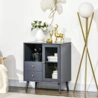 HOMCOM Modern Sideboard, Storage Cabinet with Glass Door Cupboard, 2 Drawers, Bedside Table for Bedroom, Living Room, Grey(m-2)