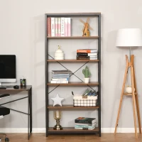 HOMCOM Libreria Verticale in Stile Industriale Vintage, Scaffale Salvaspazio con 6 Mensole in Legno e Metallo Nero, 80x30x180cm(m-2)