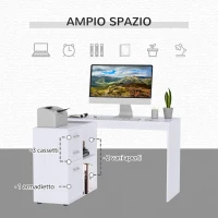 HOMCOM Scrivania Angolare per PC con 2 Cassetti e Ripiani Aperti, Scrivania ad Angolo Forma a L in Legno e Metallo, 117x83.5x76 cm, Bianco(m-5)
