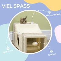 PawHut Tunel dla kotów, 2 kocie jaskinie, Miejsca drapakowe i zabawka piłkowa, 98 cm x 30 cm x 30 cm, Brąz + Beż(m-5)