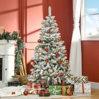 HOMCOM 5 Ft Snow Flocked Artificial Christmas Tree Xmas Pine Tree with Realistic Branches, Auto Open and Steel Base, Green(m-12)