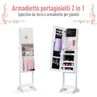 HOMCOM Armadio Portagioie Portagioielli con Specchio Regolabile e Illuminazione LED, Legno, Bianco, 30x146x36 cm(m-4)