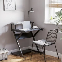 HOMCOM Tavolo Porta PC Salvaspazio con Ripiano Monitor Rialzato, 70x60x85.5cm, Legno - Nero(m-6)