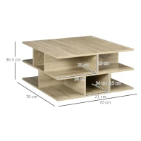 HOMCOM Mese de cafea patrata pentru camera de zi, masa de cocktail moderna cu rafturi multiple de depozitare, 70 x 70 x 36,5 cm, naturala(m-3)