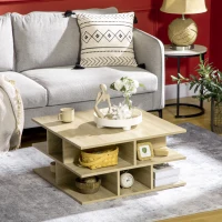 HOMCOM Mese de cafea patrata pentru camera de zi, masa de cocktail moderna cu rafturi multiple de depozitare, 70 x 70 x 36,5 cm, naturala(m-10)