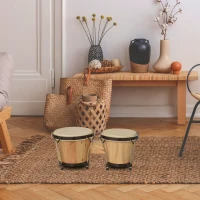 HOMCOM Wooden Bongo Drum Set, Φ7.75" & Φ7", Sheepskin Drum Head, Percussion Instrument, Includes Tuning Wrench & Bag, for Kids Adults Beginners(m-2)