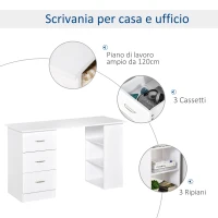 HOMCOM Scrivania Porta PC con 3 Cassetti e 3 Ripiani, Scrivania per Camera e Ufficio in Legno 120x49x72cm Bianco(m-6)