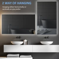 kleankin Oglinda de baie iluminata cu LED-uri, oglinda de baie dreptunghiulara de perete cu iluminare din spate, montata pe perete, cu intrerupator reglabil, orizontala si verticala 60x90(m-7)