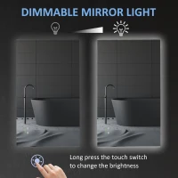 kleankin Oglinda de baie iluminata cu LED-uri, oglinda de baie dreptunghiulara de perete cu iluminare din spate, montata pe perete, cu intrerupator reglabil, orizontala si verticala 60x90(m-5)