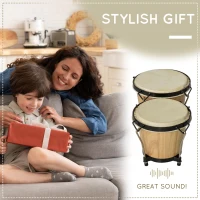 HOMCOM Wooden Bongo Drum Set, Φ7.75" & Φ7", Sheepskin Drum Head, Percussion Instrument, Includes Tuning Wrench & Bag, for Kids Adults Beginners(m-7)