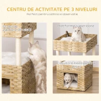PawHut Casuta pentru Pisici din rattan PE cu 3 Niveluri cu Perne de Plus Lavabile, 40x40x70cm - Lemn(m-4)