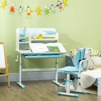 HOMCOM Set de birou si scaun cu inaltime reglabila Birou de scriere pentru copii masa de studiu pentru scoala cu raft, sertar, suport pentru stilouri, albastru(m-10)