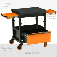 DURHAND Taburete Mecánico con Ruedas para Taller con Altura Ajustable 3 Cajones y Estante 46x36,5x45 cm Negro y Naranja(m-7)