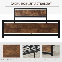 HOMCOM Cadru Pat de o persoana din Lemn si Otel cu Sipci in Stil Industrial, 140x200cm, Negru / Maro Rustic(m-5)