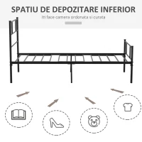 Cadru de Pat de o Persoana HOMCOM 90x200cm din Otel cu Sipci, Tablie cap si Tablie picioare, Negru(m-4)
