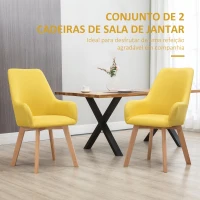 HOMCOM Conjunto de 2 Cadeiras de Sala de Jantar Estofada em Linho com Encosto Alto e Pés de Madeira de Borracha 60x67,5x101cm Amarelo(m-4)