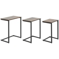 HOMCOM Conjunto de 3 Mesas Auxiliares em Forma de C com Pés de Aço 45x30x60cm 40x28x56cm e 34x25x50cm Marrom Rústico(m-10)