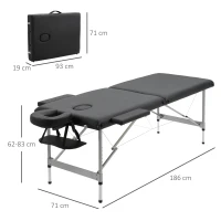 HOMCOM Marquesa Dobrável Mesa de Massagem Portátil com Altura Ajustável em 7 Posições 186x71x62-83cm Preto(m-3)