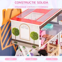 HOMCOM Casa din Lemn pentru Papusi cu 3 Etaje cu Ascensor, cu Scari si 13 Accesorii pentru Copii de 3-6 Ani, 60x30x80cm - Roz(m-8)