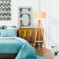 HOMCOM Mid Century Floor Lamp, Free Standing Bedside Light Tripod Holder Storage Shelf Linen Shade(m-13)