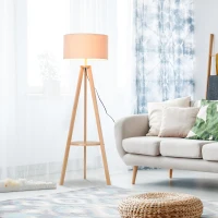 HOMCOM Mid Century Floor Lamp, Free Standing Bedside Light Tripod Holder Storage Shelf Linen Shade(m-12)
