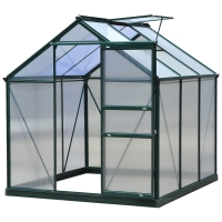 Outsunny Serra da Giardino in Policarbonato 190x192x201cm, Serra per Piante con Base, Finestra, Porta Scorrevole e Struttura in Alluminio, Verde Scuro