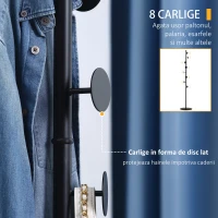 HOMCOM Cuier de Podea cu 8 Carlige, Cuier pentru Intrare si Dormitor din Otel cu Baza din Marmura, 35x35x170cm, Negru(m-5)