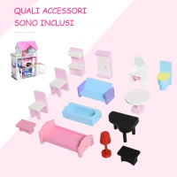 HOMCOM Casa de Papusi din Lemn pentru Copii 3 ani+ cu 12 Accesorii Roz(m-7)