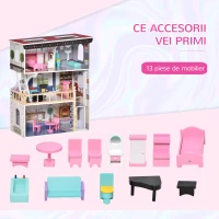 HOMCOM Casa din Lemn pentru Papusi cu 3 Etaje cu Ascensor, cu Scari si 13 Accesorii pentru Copii de 3-6 Ani, 60x30x80cm - Roz(m-7)