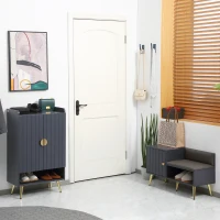 HOMCOM Dulap de pantofi de intrare cu scaun captusit, raft deschis si dulap, pentru 4 perechi de pantofi, lemn si metal, 80x33x49cm, gri(m-10)