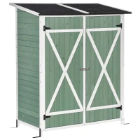 Outsunny Small Shed, Wooden Garden Shed with Flexible Table, Hooks and Ground Nails, Lockable Tool Shed with Asphalt Roof, 140 x 75 x 157cm, Green(m-1)