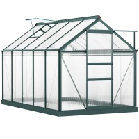 Outsunny 6 x 10ft Polycarbonate Greenhouse - Large Walk-In Green House with Sliding Door and Window, Garden Plant Grow House with Aluminium Frame and Foundation, Dark Green(m-1)