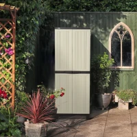 Outsunny Tall Plastic Utility Cabinet Garden Tool Shed Patio Double Door Storage Closet Wardrobe w/ Four Adjustable Shelves, 65x37x172cm, Beige(m-11)