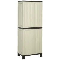 Outsunny Tall Plastic Utility Cabinet Garden Tool Shed Patio Double Door Storage Closet Wardrobe w/ Four Adjustable Shelves, 65x37x172cm, Beige(m-1)