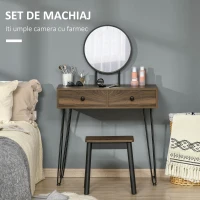 HOMCOM Masa de Machiaj in Stil Industrial, Set Masa de Toaleta cu Taburet si Oglinda de Machiaj, Postatie de Machiaj din Lemn si Metal pentru cameră(m-4)