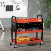 DURHAND Tool Cart, Workshop Cart, 3 Shelves, 2 Pegboards, up to 100 kg, Steel, Red, 75 x 35 x 80cm(m-2)