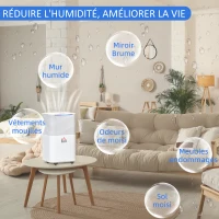 HOMCOM Déshumidificateur portable électrique silencieux 200W capacité max. réservoir 2L évacuation continue 12L/24H idéal pièces 12 m² max. blanc(m-9)