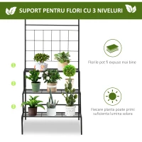Raft Suport pentru plante Outsunny cu 3 Etajere di Panou Posterior, Jardiniera Verticala pentru Plante Cataratoare, din Metal Negru(m-5)