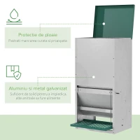 PawHut Hranitoare pentru Gaini de 13,5 litri pentru 3 Pui, Rezistenta la Ploaie, cu Capac Automat si Pedala, 33,5x38,5x66cm, Argintie șsi Verde(m-5)